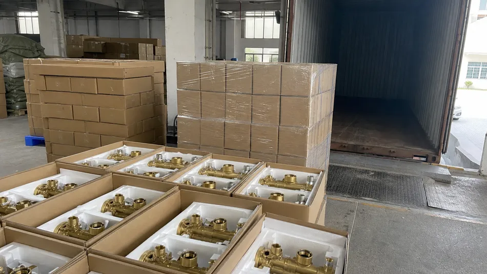 Concealed shower mixer valve bodies packed in foam-lined cartons ready for container loading