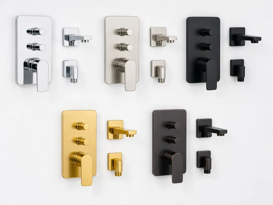 Five finish options for 3-way concealed shower mixer: chrome, brushed nickel, matte black, PVD gold, oil-rubbed bronze