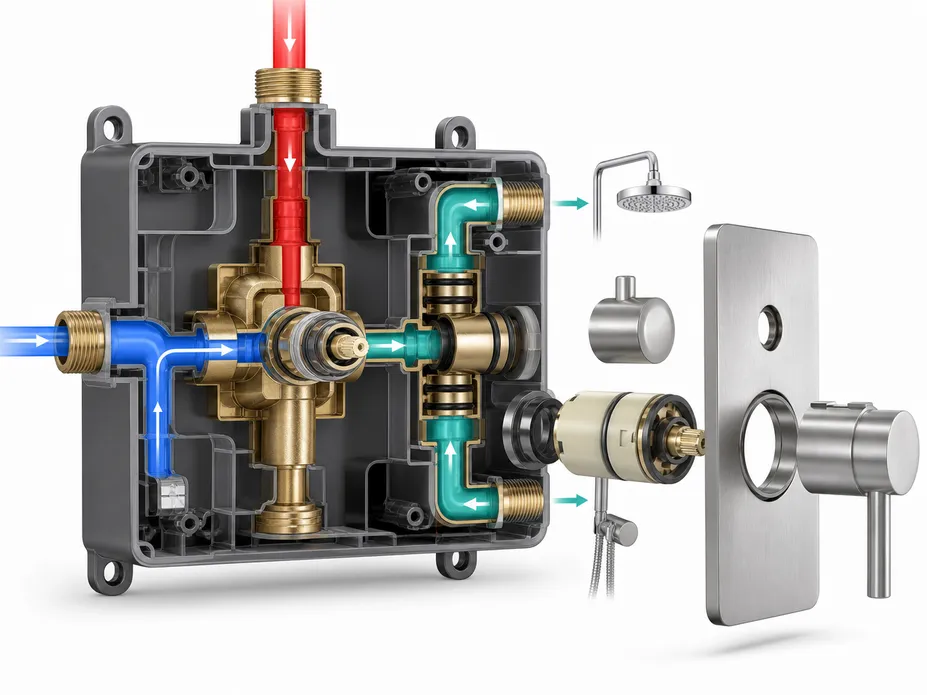 Diagram showing internal flow path of a 2 way concealed shower mixer — pressure-balanced cartridge and sequential diverter