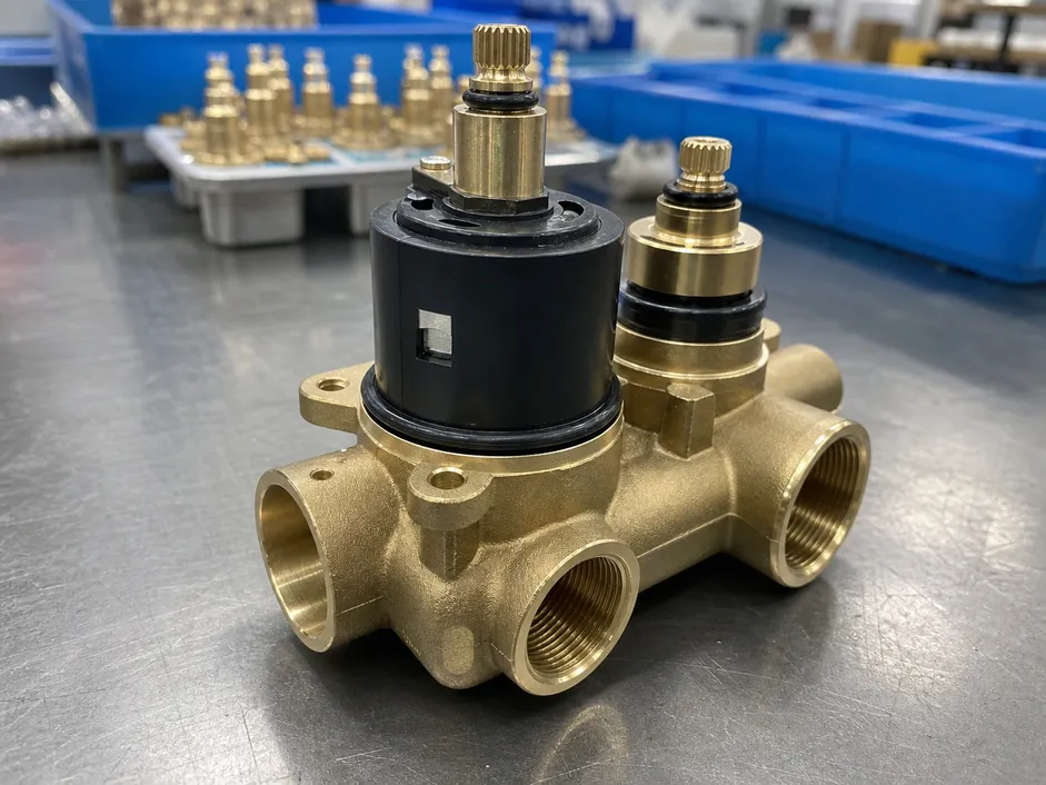 Two-way concealed shower mixer diverter mechanism — brass body and EPDM cartridge detail