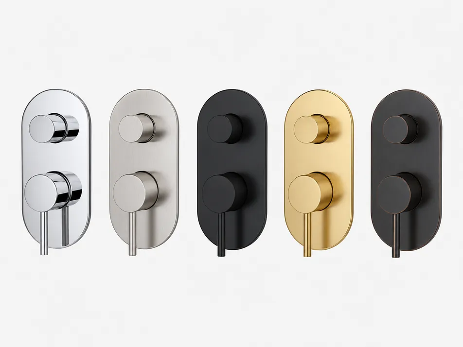 Five available finishes for the 2-way concealed shower mixer: chrome, brushed nickel, matte black, PVD gold, oil-rubbed bronze