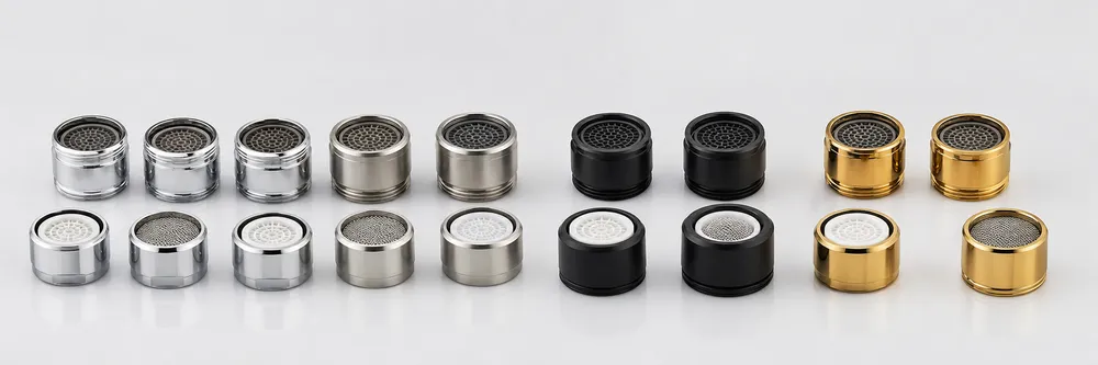 Bathroom faucet aerators in chrome, brushed nickel, matte black, and PVD gold finishes