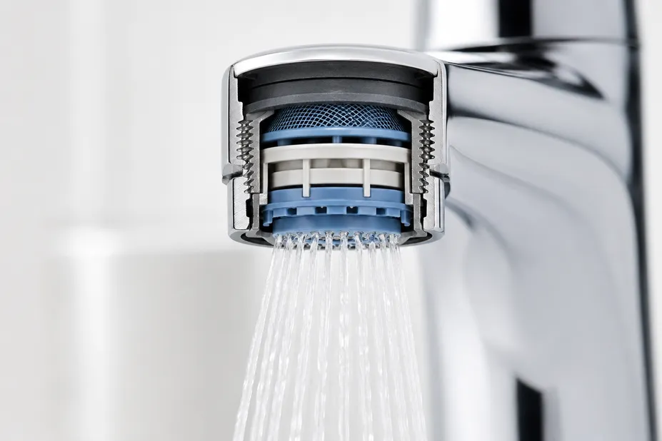Bathroom faucet aerator cross-section showing thread, flow restrictor, and spray pattern components