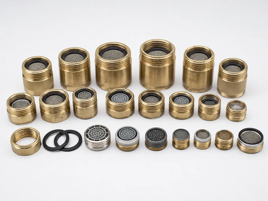 Brass bathroom faucet aerators — M16 to M24 thread sizes, multiple flow rate configurations