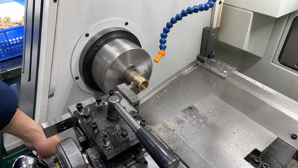Brass aerator housing being machined to ±0.05mm thread tolerance on CNC equipment