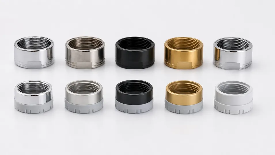 Brass and ABS faucet aerator housings side by side showing material and finish quality difference