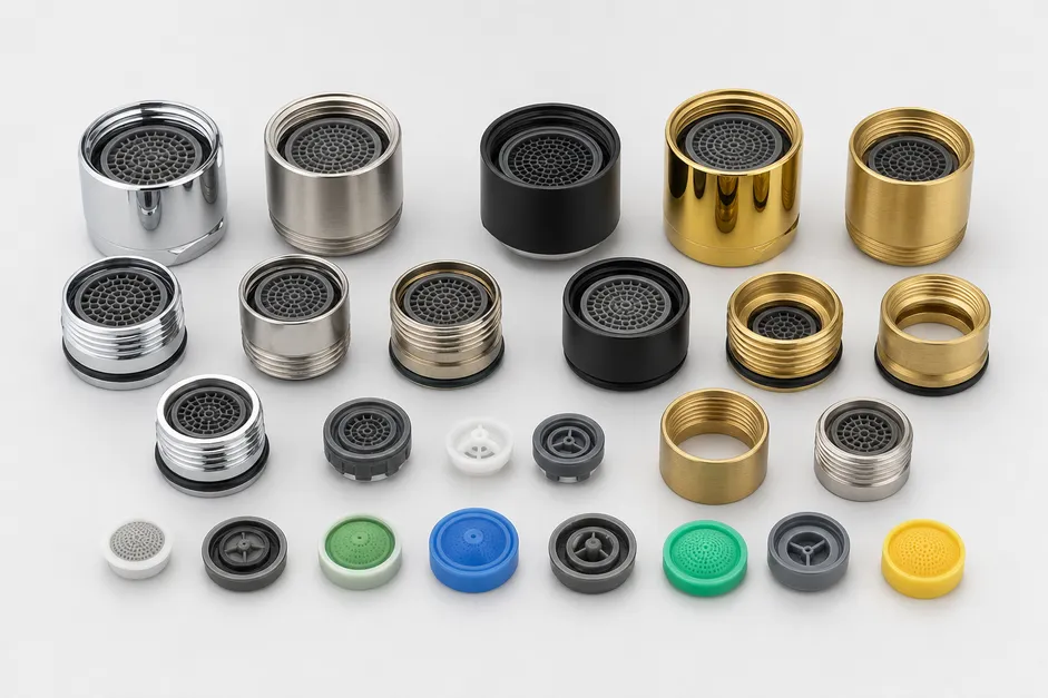 Custom OEM aerator configurations showing different thread sizes, finishes, and flow restrictor discs