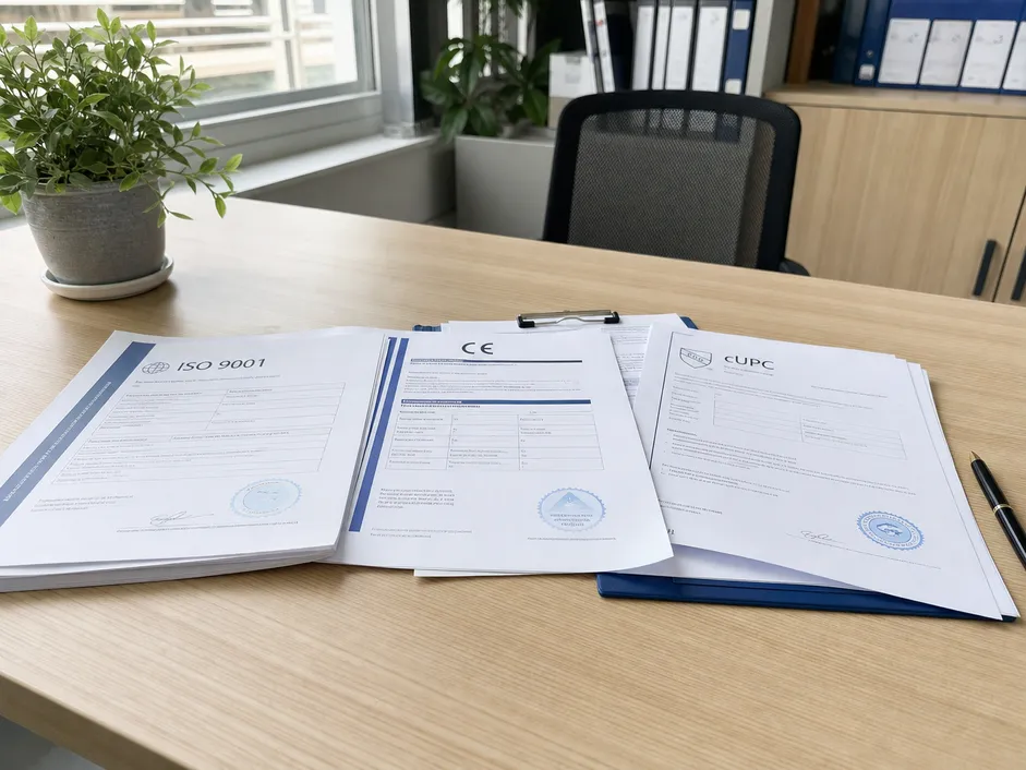 Filter faucet aerator certification documentation including ISO 9001, CE, and cUPC compliance paperwork