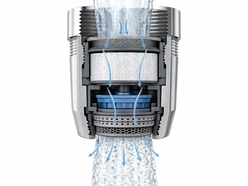 Cutaway diagram showing internal flow path of filter faucet aerator — inlet screen, filter element chamber, flow restrictor, and aerator disc stack