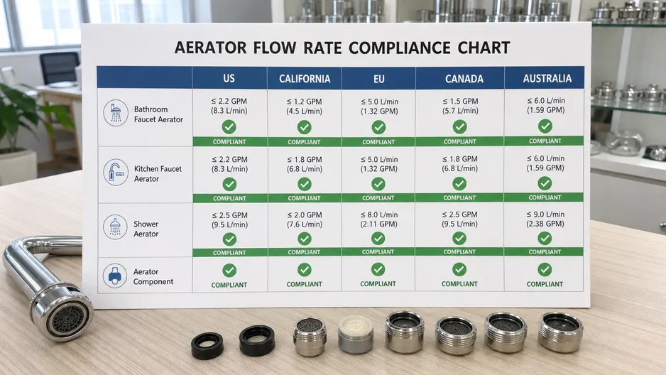 Aerator flow rate compliance chart for US, California, EU, Canada, and Australia markets