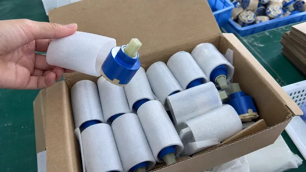 Cartridge foam sleeve packaging protecting ceramic disc in transit