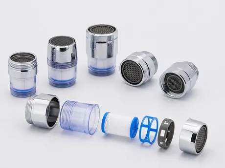 Filter faucet aerators with integrated sediment pre-filter replaceable element