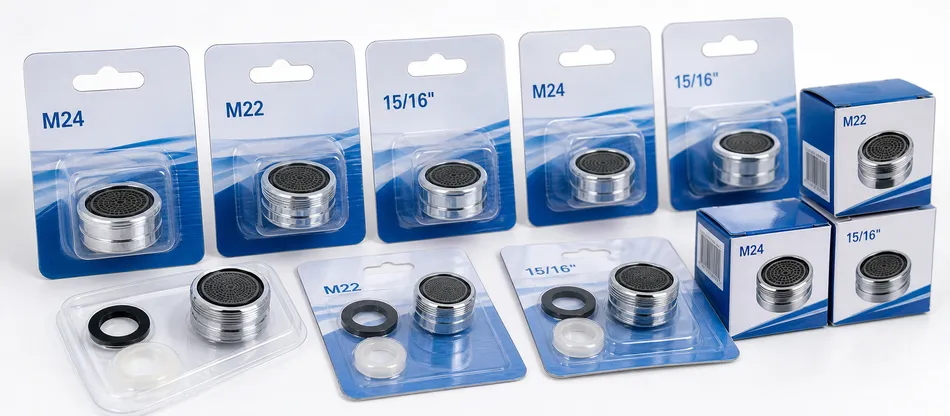 E-commerce and retail replacement parts — kitchen aerators with retail-ready packaging, UPC barcodes, and thread size callouts for FBA fulfillment