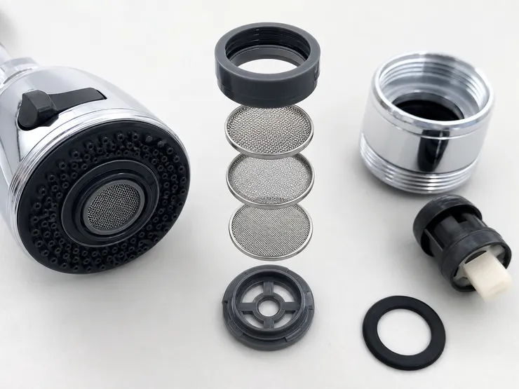 Kitchen faucet aerator internal components — 3-layer mesh stack and dual-function switch mechanism detail