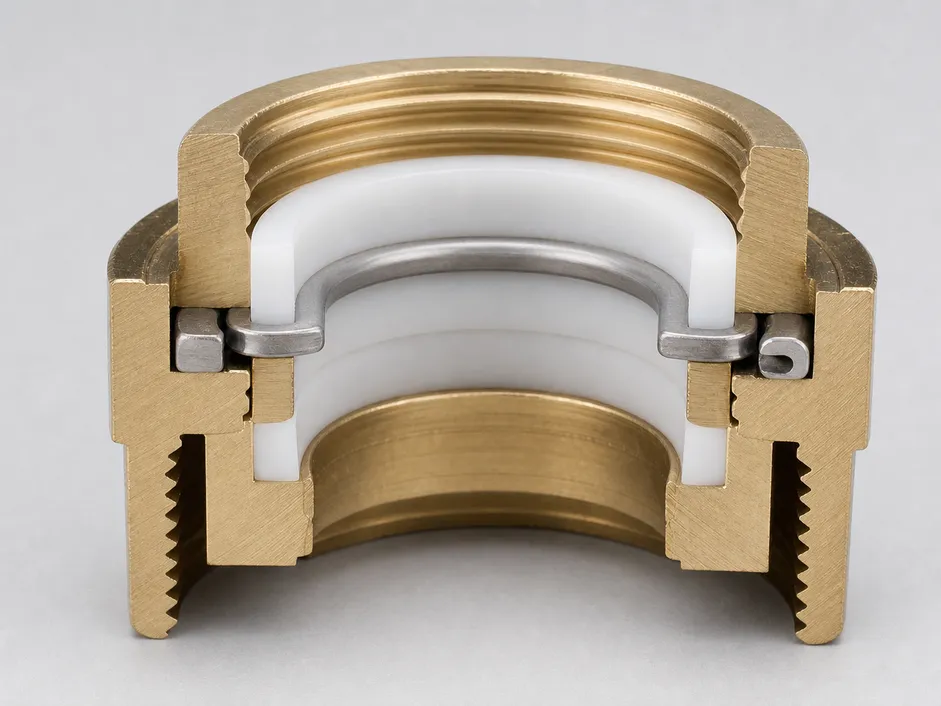 Cross-section view of PTFE-lined brass swivel joint collar with stainless steel snap ring retention on a kitchen faucet aerator