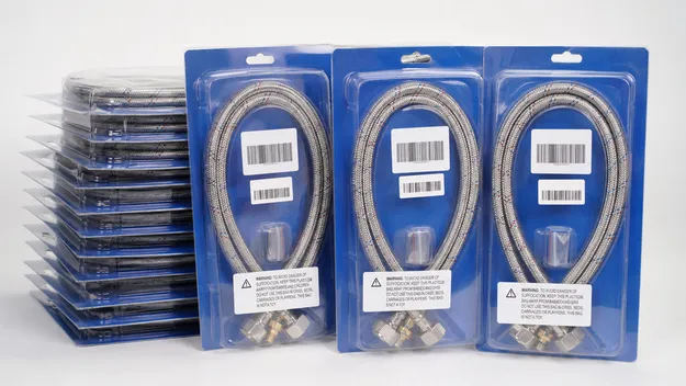 E-commerce blister pack packaging for Amazon FBA kitchen faucet supply hoses with UPC and FNSKU labels