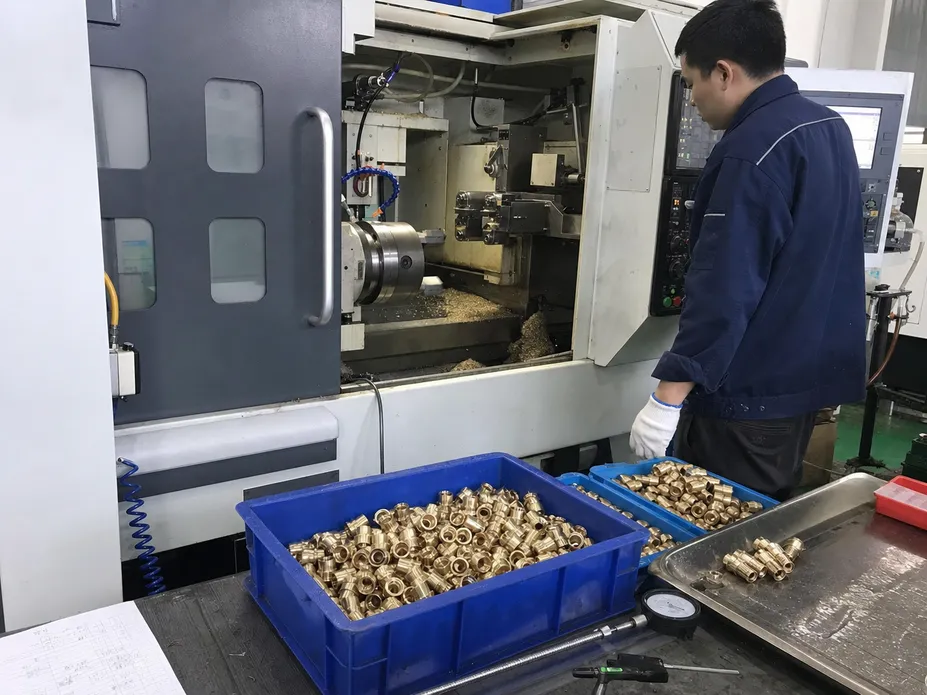 CNC machining of brass fittings for kitchen faucet hoses at Wfaucet factory