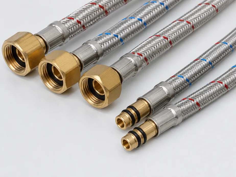Braided stainless kitchen faucet supply hoses with machined brass fittings