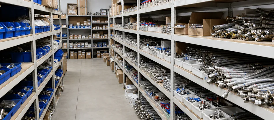 Plumbing wholesale distribution shelving with supply hoses and fittings