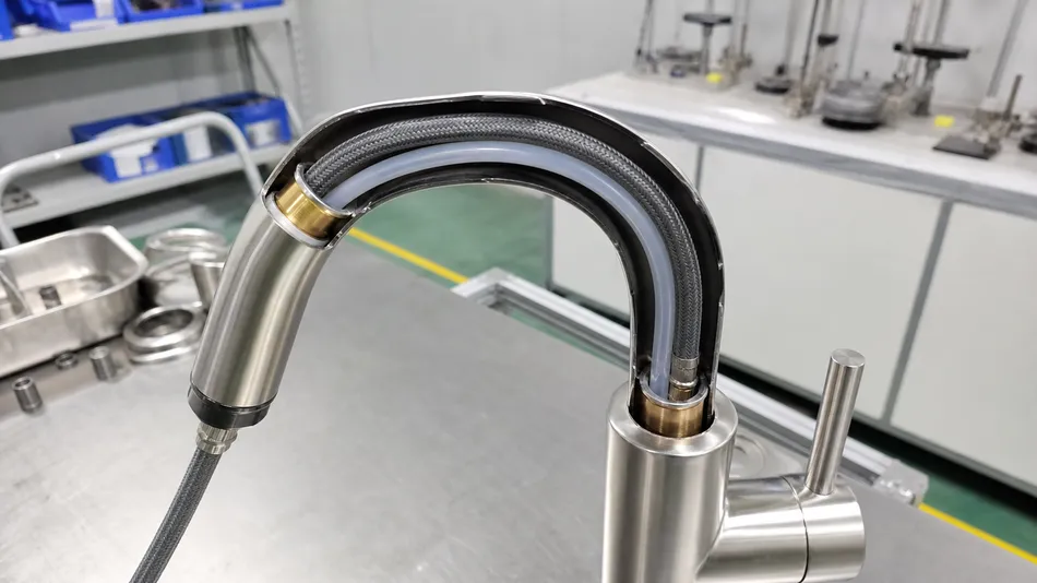 Pull-down spray hose showing flexible inner tube and bend radius inside faucet neck