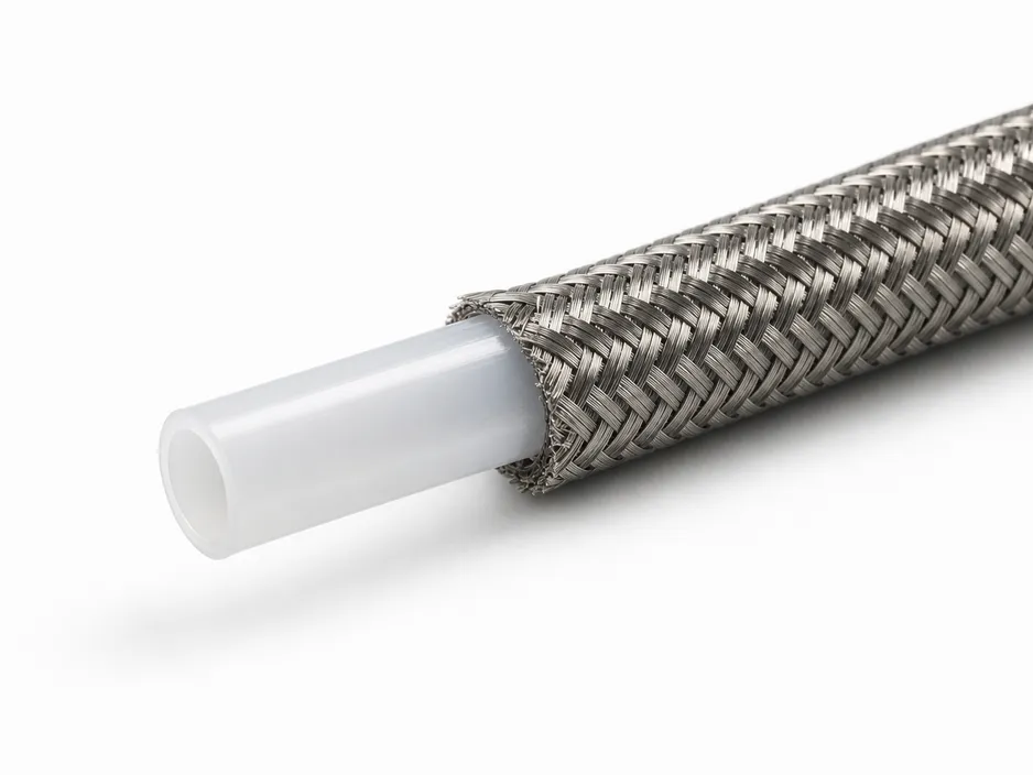 Pull-down spray hose PA12 inner tube and braided stainless jacket detail