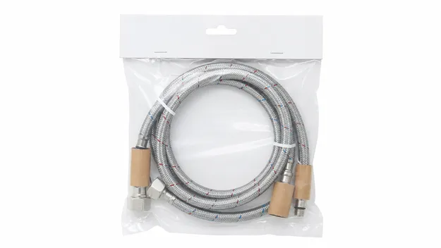 Standard retail packaging for kitchen faucet supply hoses — poly bag with header card and cardboard end caps
