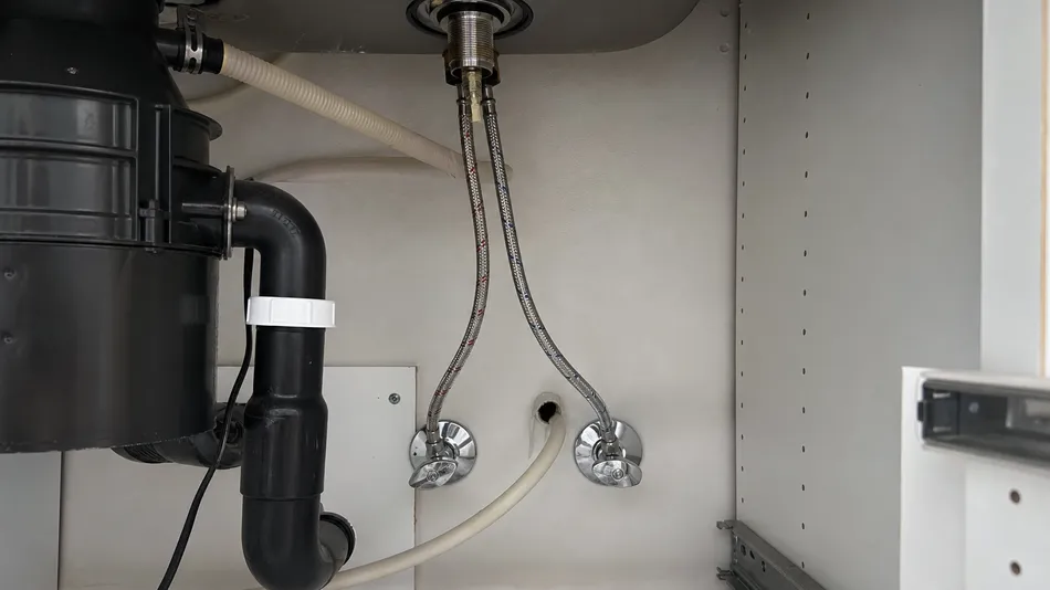 Kitchen faucet supply hose connecting faucet body to shut-off valve under sink