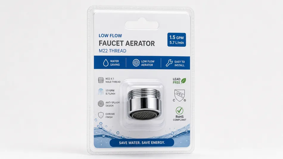 Retail blister pack low flow aerator M22 chrome for e-commerce distribution