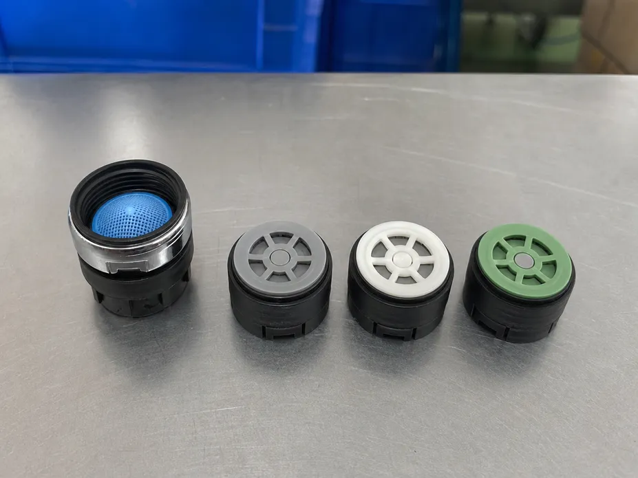 Modular flow restrictor disc insert for low flow faucet aerator — swappable compliance tiers