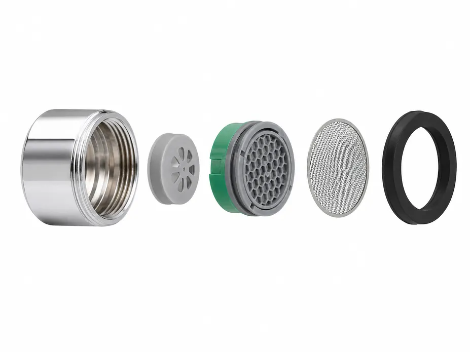Exploded view of low flow faucet aerator showing housing, flow restrictor disc, aerator insert, inlet screen, and gasket