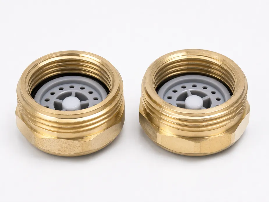 Low flow faucet aerator brass housing with flow restrictor disc — 0.5 GPM and 1.0 GPM models