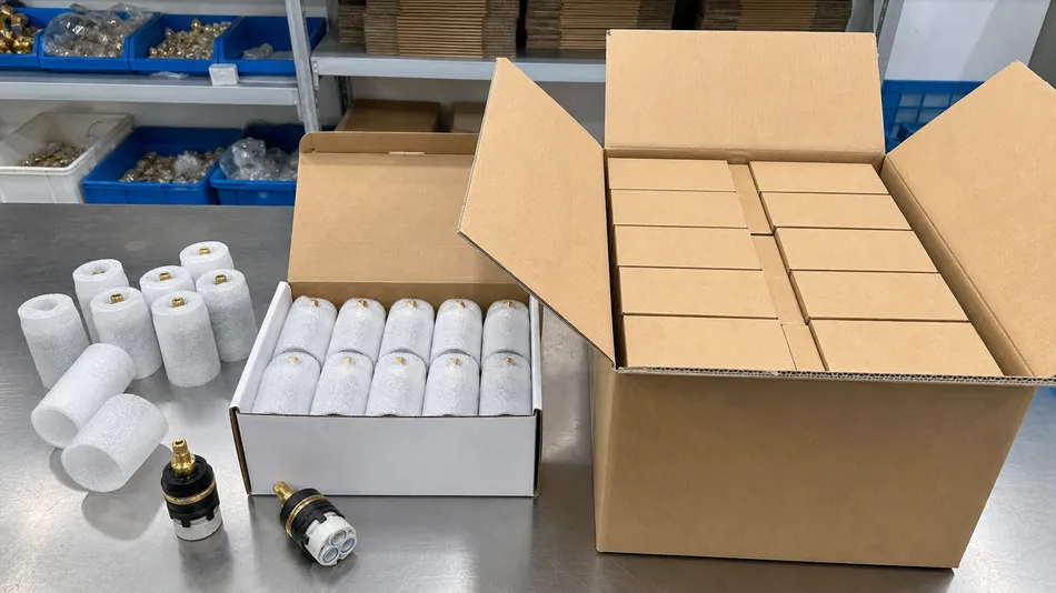 Shower faucet cartridge foam sleeve packaging and master carton configuration