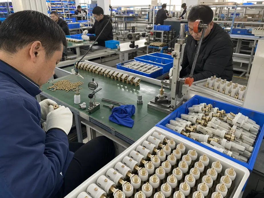 OEM shower faucet cartridge assembly line showing custom production run
