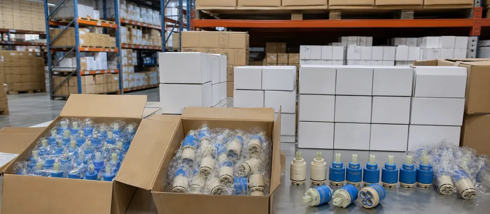 Shower faucet cartridge replacement parts stocked in plumbing distributor warehouse