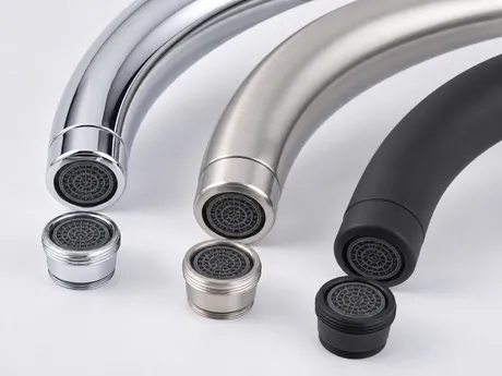 Sink faucet aerators in three finishes: chrome, brushed nickel, and matte black, showing finish consistency with faucet body
