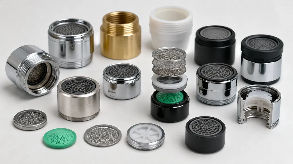 Sink faucet aerator components — thread types, housing materials, and flow restrictor disc detail