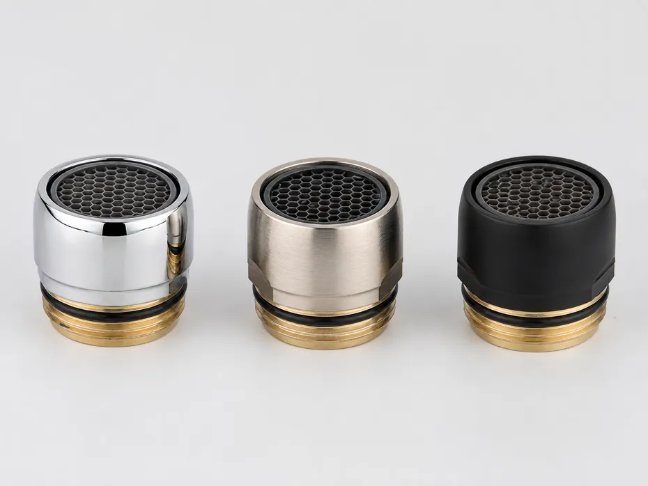 Three aerator finishes side by side — chrome, brushed nickel, and matte black on brass housing