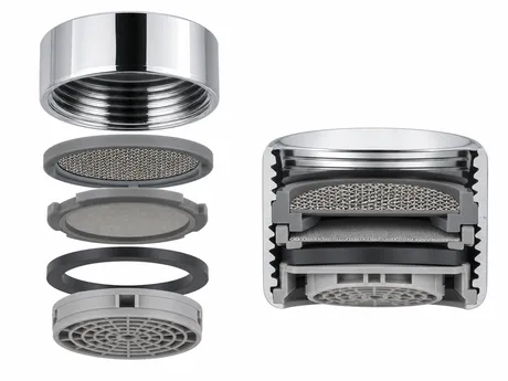 Cross-section diagram of multi-layer mesh aerator showing coarse outer screen and fine inner mesh