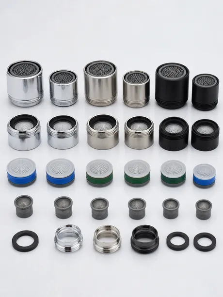 Plumbing distribution replacement parts catalog showing aerator SKUs in multiple finishes