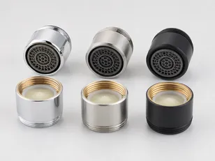 Water faucet aerators in chrome, brushed nickel, and matte black finishes — brass housing with M22 thread