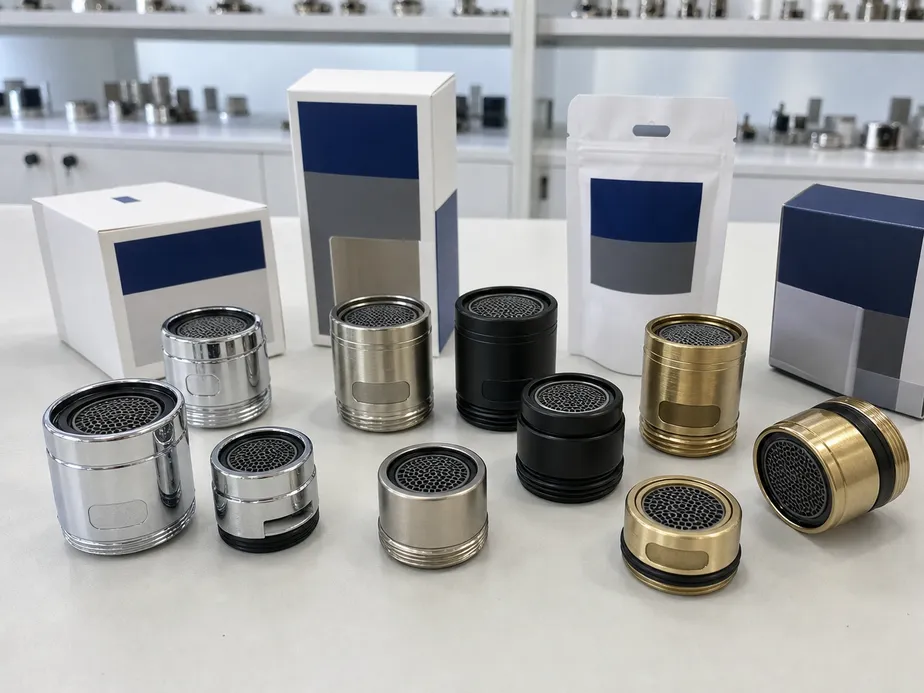Water faucet aerator OEM private label examples showing branded packaging, custom finish options, and logo engraving on brass housing