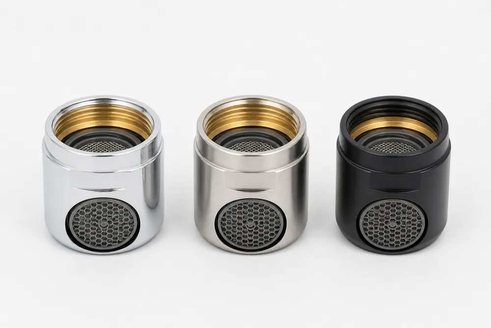 Water faucet aerator lineup showing chrome, brushed nickel, and matte black finish options on identical brass housings