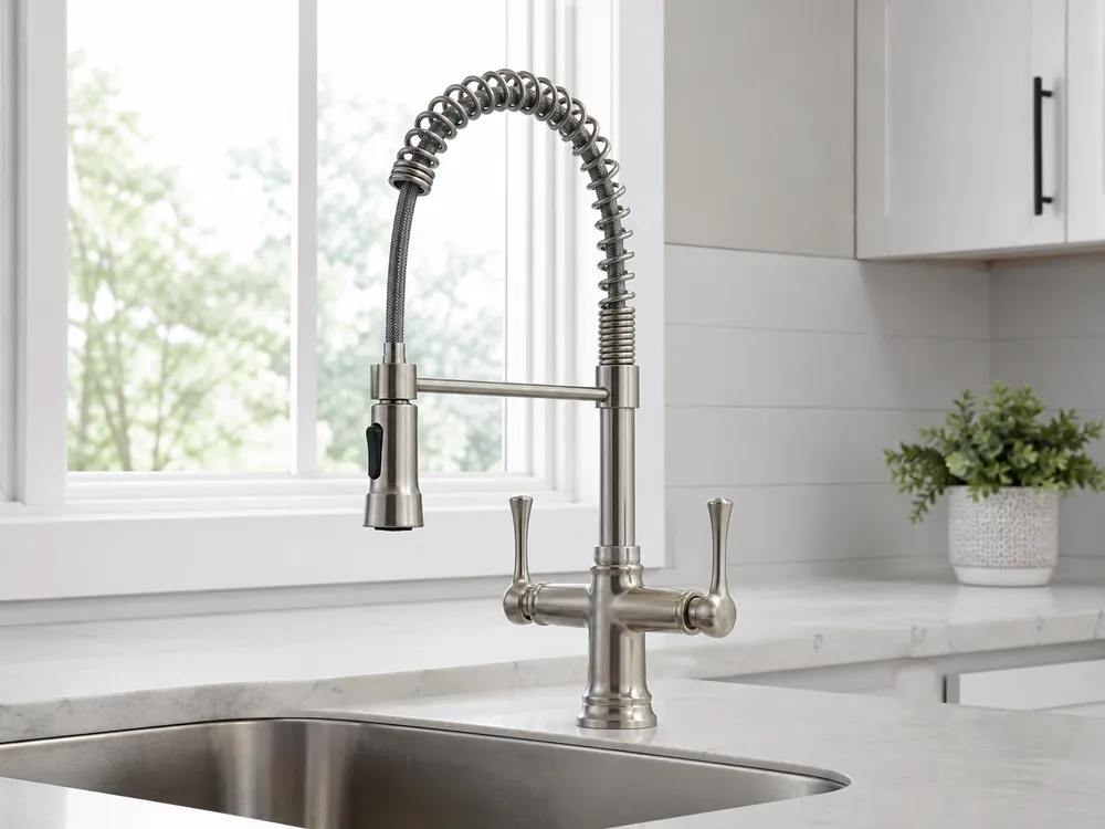 Commercial-style brushed nickel kitchen faucet — high-arc spring spout with pull-down spray wand