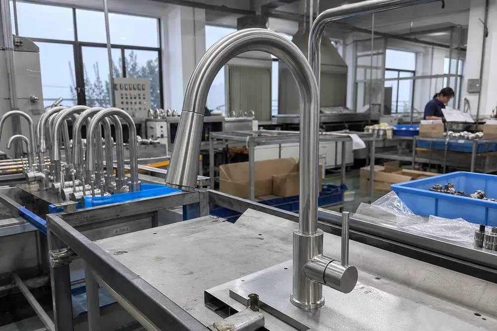 Brushed nickel kitchen faucet — in-house electroplated finish, wholesale and OEM supply