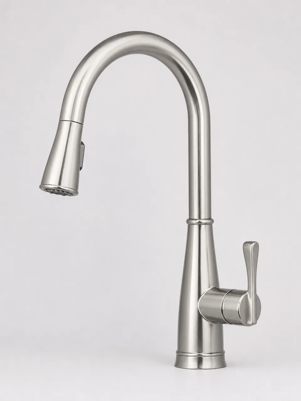 Brushed nickel kitchen faucet — specification reference view showing spout height and reach dimensions