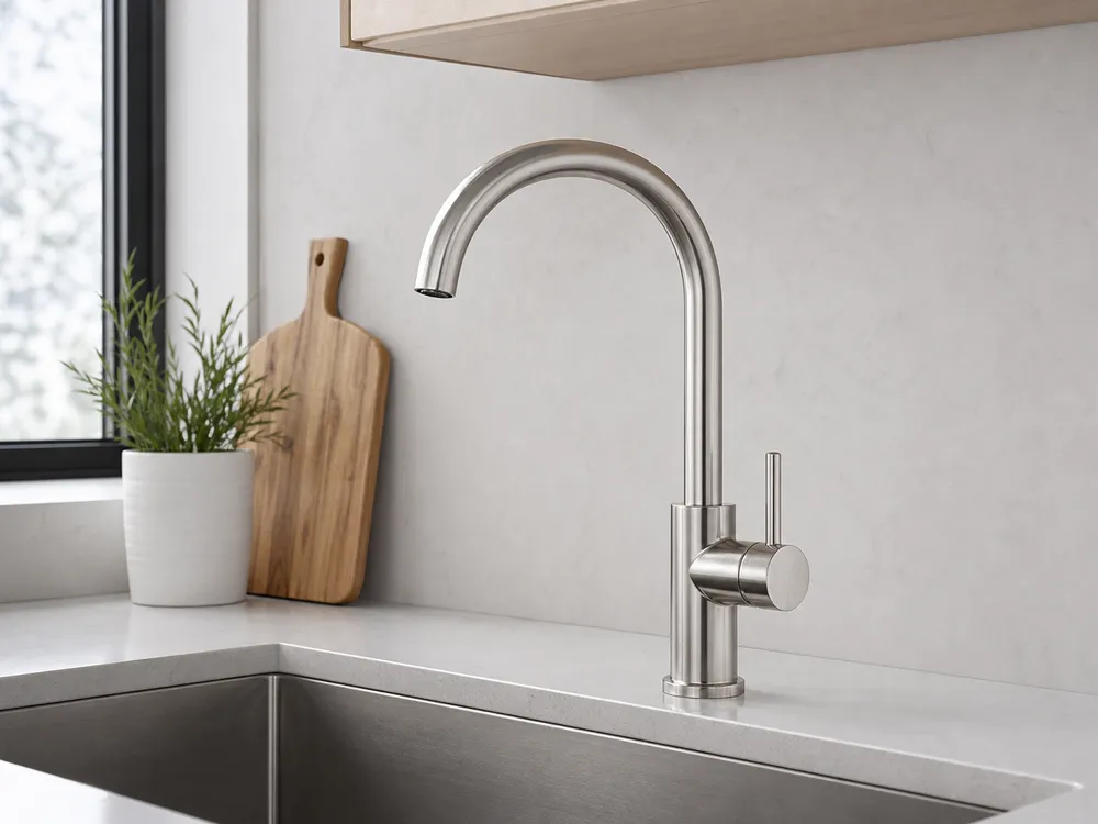 Single-handle fixed-spout brushed nickel kitchen faucet — clean arc profile for minimalist kitchens