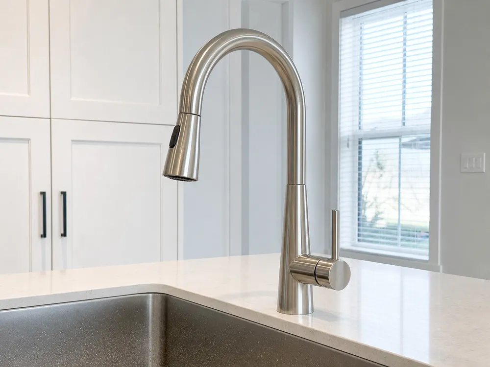 Single-handle pull-down brushed nickel kitchen faucet — high-arc spout with integrated spray head