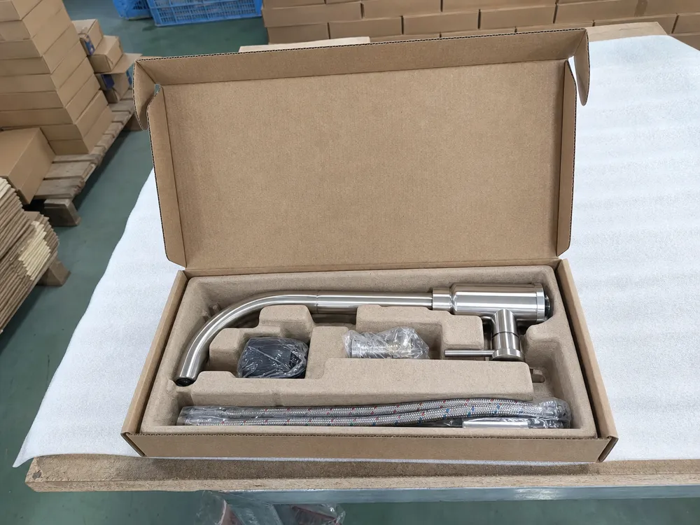 Brushed nickel kitchen faucet individual carton packaging with molded pulp insert