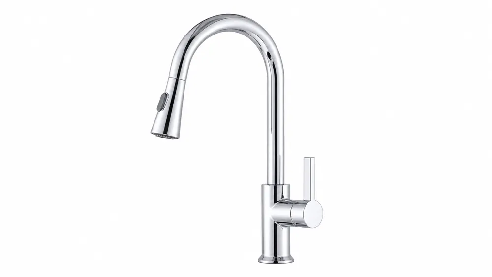 Chrome kitchen faucet product photography for e-commerce listing on white background showing mirror finish