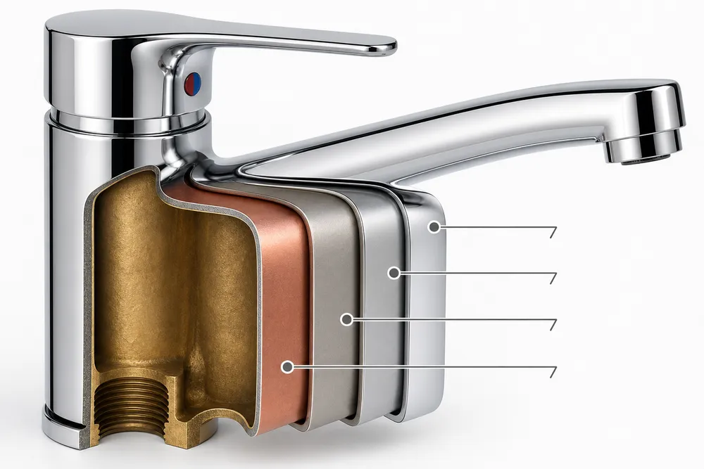 Cross-section diagram of chrome kitchen faucet multi-layer electroplating stack: copper, nickel, chrome
